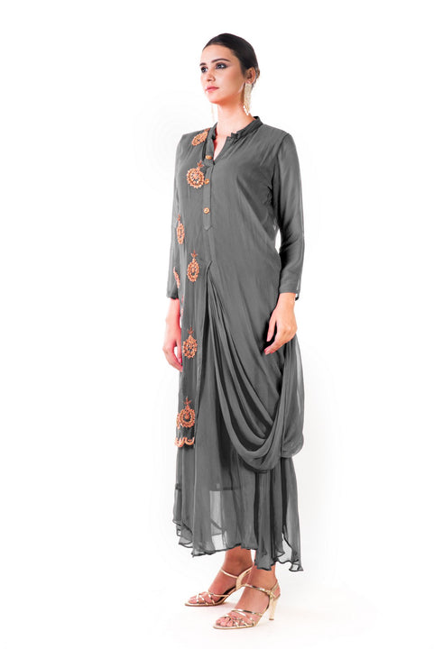 Grey Hand Embroidered Cowl Tunic Dress