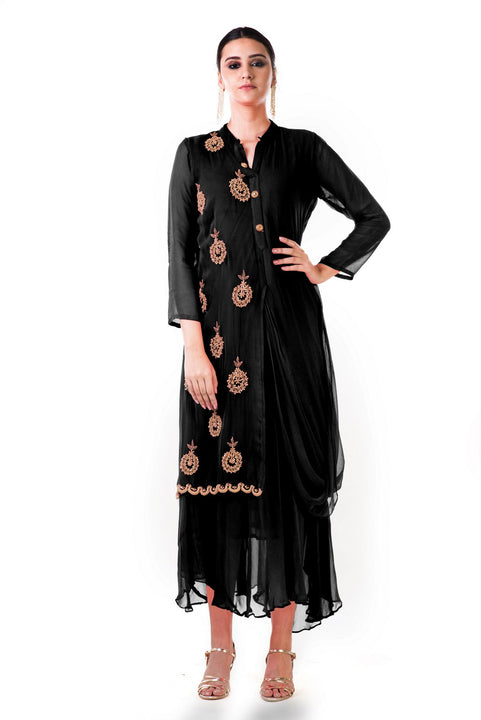 Black Hand Embroidered Cowl Tunic Dress