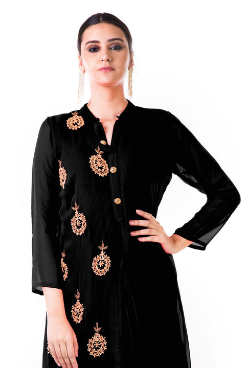 Black Hand Embroidered Cowl Tunic Dress