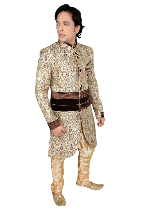 Elegant Silver Blended Cotton Silk Indian Wedding Indo-Western Sherwani For Men