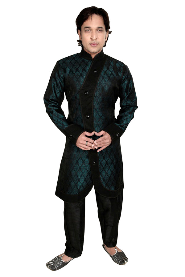Attractive Blue & Black Brocade Silk Indian Wedding Indo-Western Sherwani For Men