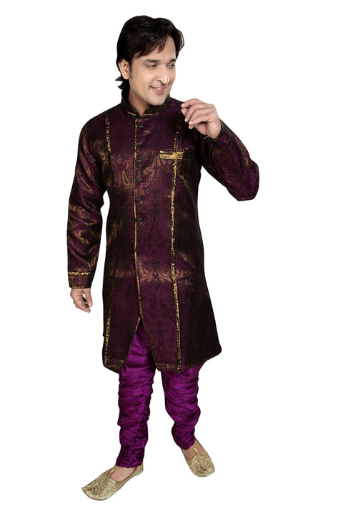 Violet Brocade Silk Indian Wedding Indo-Western Sherwani For Men