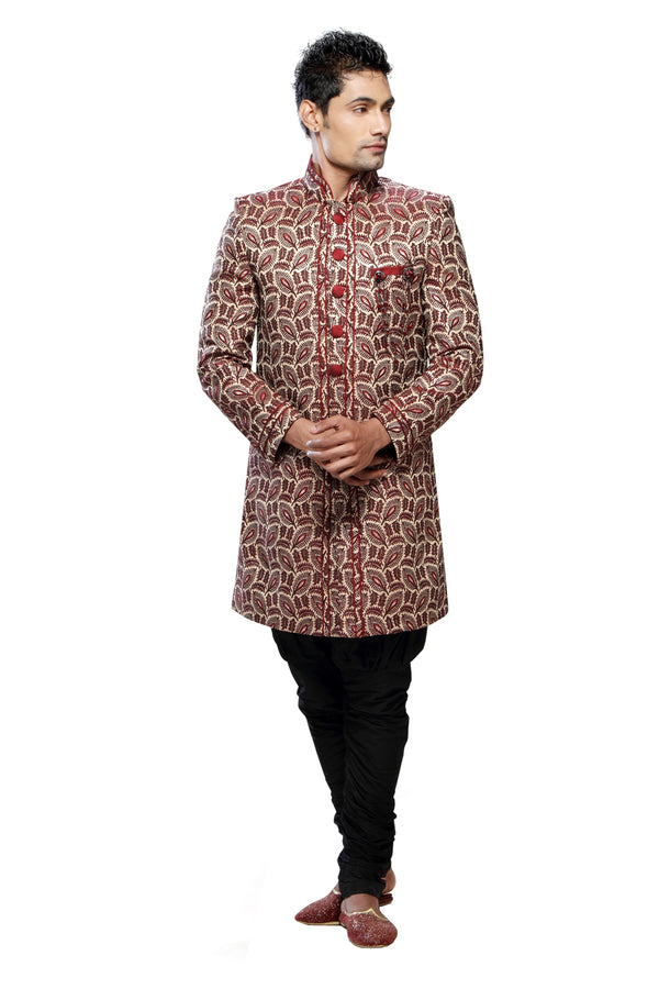 Stunning Brown & Red Brocade Silk Indian Wedding Indo-Western Sherwani For Men