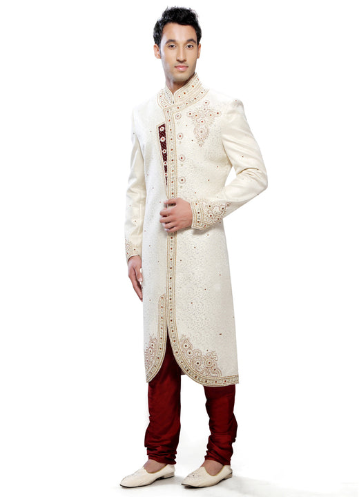 Elegant Cream Fabric Silk Indian Wedding Indo-Western Sherwani For Men