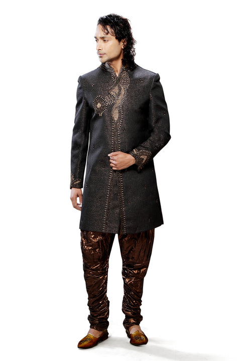 Black Jacquard Silk Indian Wedding Indo-Western Sherwani For Men