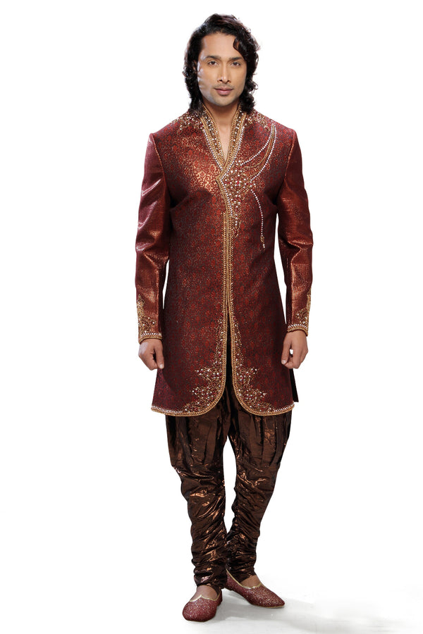 Maroon Brocade Silk Indian Wedding Indo-Western Sherwani For Men