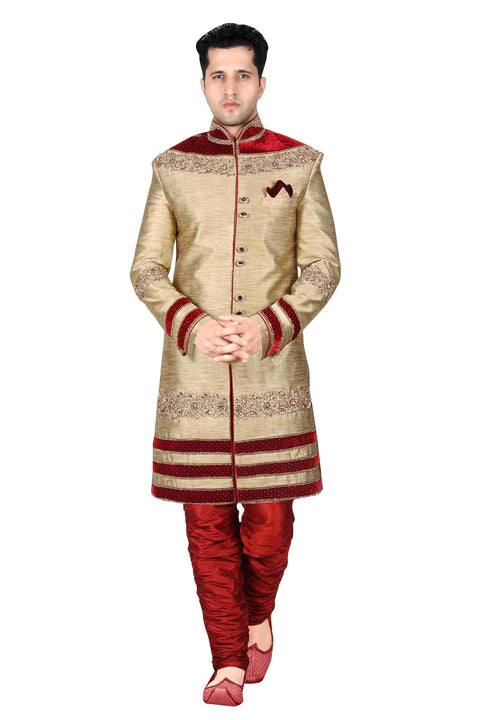 Beige Brocade Silk Indian Wedding Indo-Western Sherwani For Men