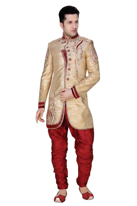 Cream Brocade Silk Indian Wedding Indo-Western Sherwani For Men