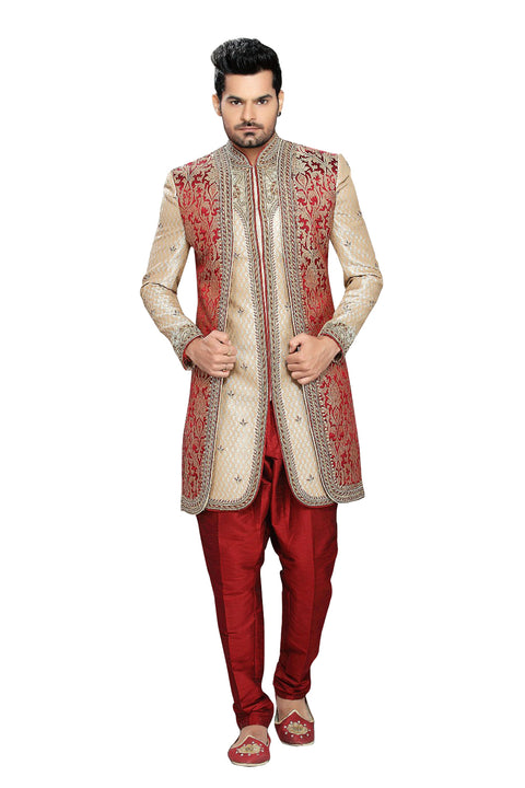 Beige & Maroon Jacquard Silk Indian Wedding Indo-Western Sherwani For Men