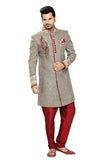 Gray & Beige Jute Silk Indian Wedding Indo-Western Sherwani For Men