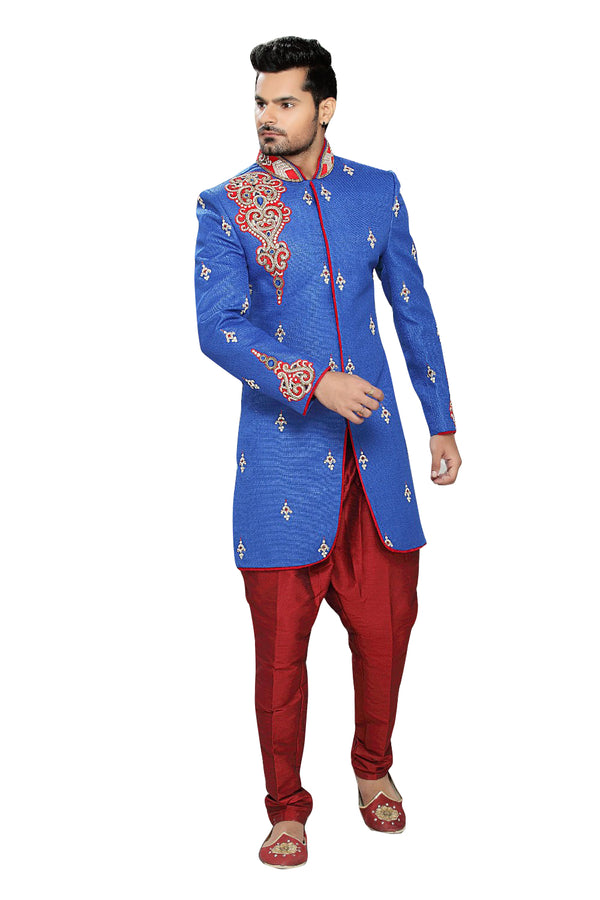 Blue Art Silk Indian Wedding Indo-Western Sherwani For Men