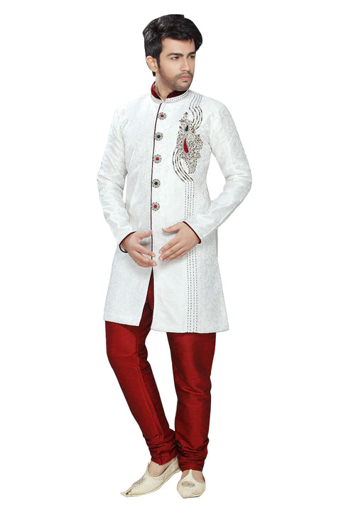 White Jacquard Silk Indian Wedding Indo-Western Sherwani For Men