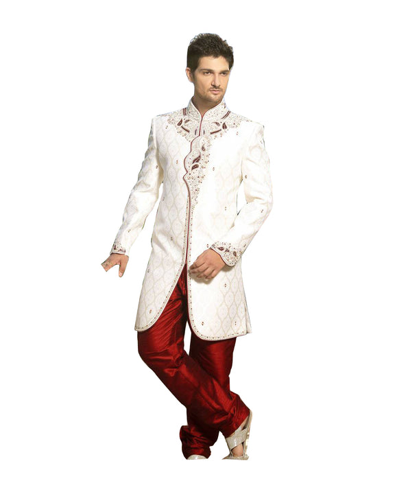 White Jacquard Silk Indian Wedding Indo-Western Sherwani For Men