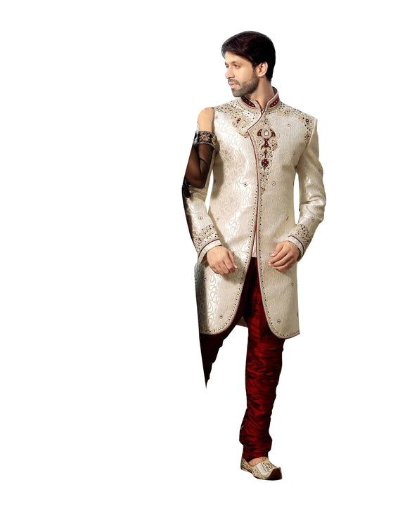 White & Maroon Dupioni Silk Indian Wedding Indo-Western Sherwani For Men