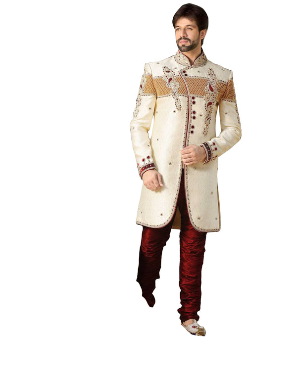 Cream Jacquard Silk Indian Wedding Indo-Western Sherwani For Men