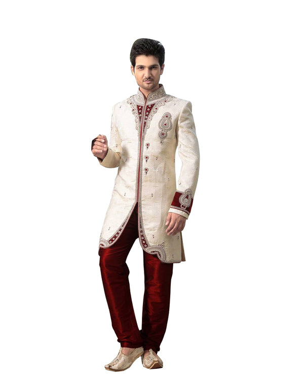 Cream & Maroon Dupioni Silk Indian Wedding Indo-Western Sherwani For Men