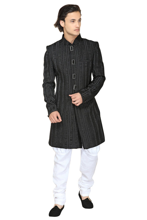 Black Satin Silk Indian Wedding Indo-Western Sherwani For Men