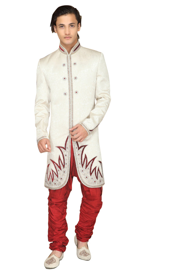 Cream Fabric Silk Indian Wedding Indo-Western Sherwani For Men