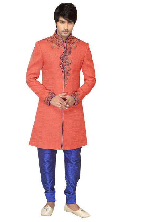 Orange Jute Silk Indian Wedding Indo-Western Sherwani For Men