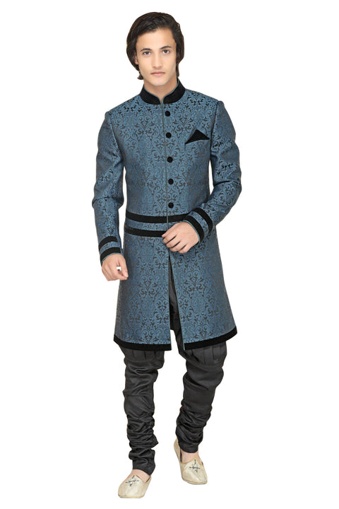 Blue Brocade Silk Indian Wedding Indo-Western Sherwani For Men