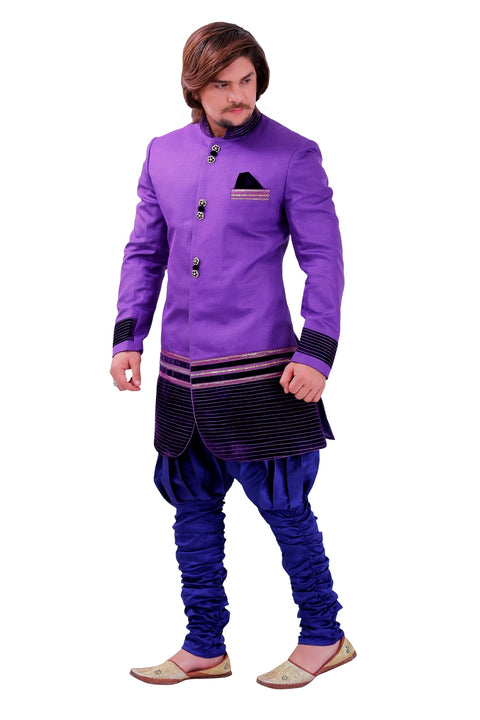 Purple Brocade Silk Indian Wedding Indo-Western Sherwani For Men