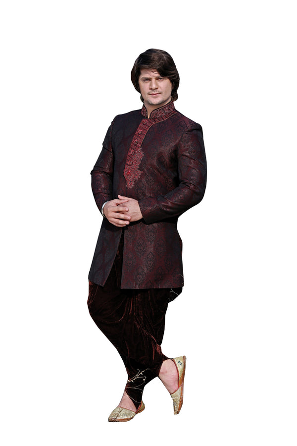 Violet Brocade Silk Indian Wedding Indo-Western Sherwani For Men