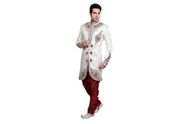 White Brocade Silk Indian Wedding Indo-Western Sherwani For Men