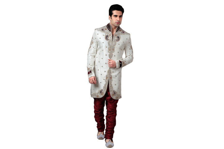 White Brocade Silk Indian Wedding Indo-Western Sherwani For Men