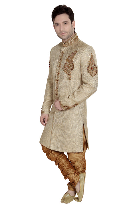 Brown Jute Silk Indian Wedding Indo-Western Sherwani For Men