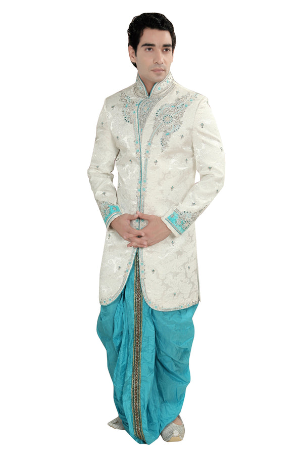White Brocade Silk Indian Wedding Indo-Western Sherwani For Men