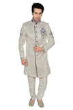 Beige Brocade Silk Indian Wedding Indo-Western Sherwani For Men