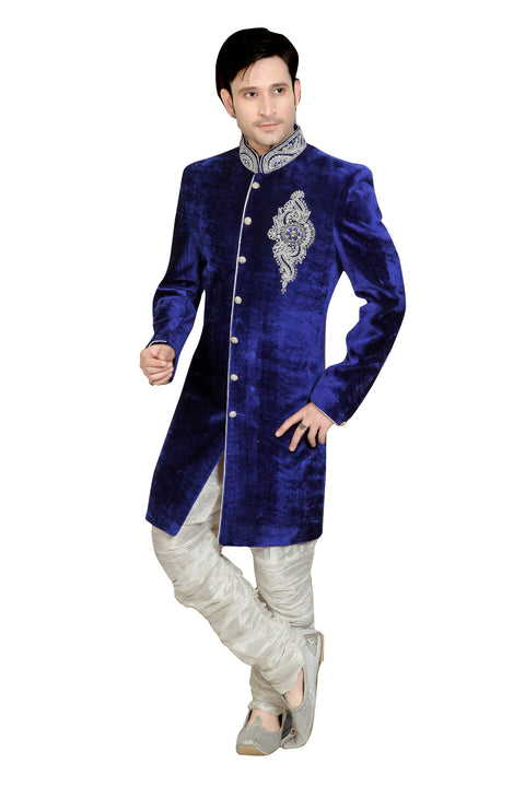 Blue Velvet Silk Indian Wedding Indo-Western Sherwani For Men