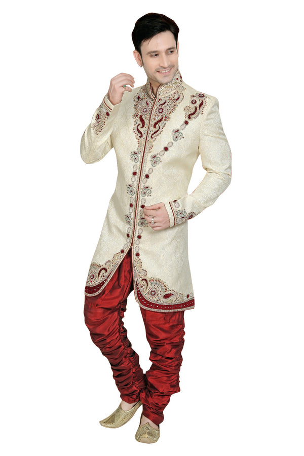 Beige Brocade Silk Indian Wedding Indo-Western Sherwani For Men