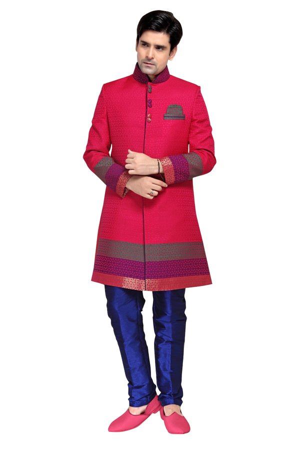 Pink Fabric Silk Indian Wedding Indo-Western Sherwani For Men