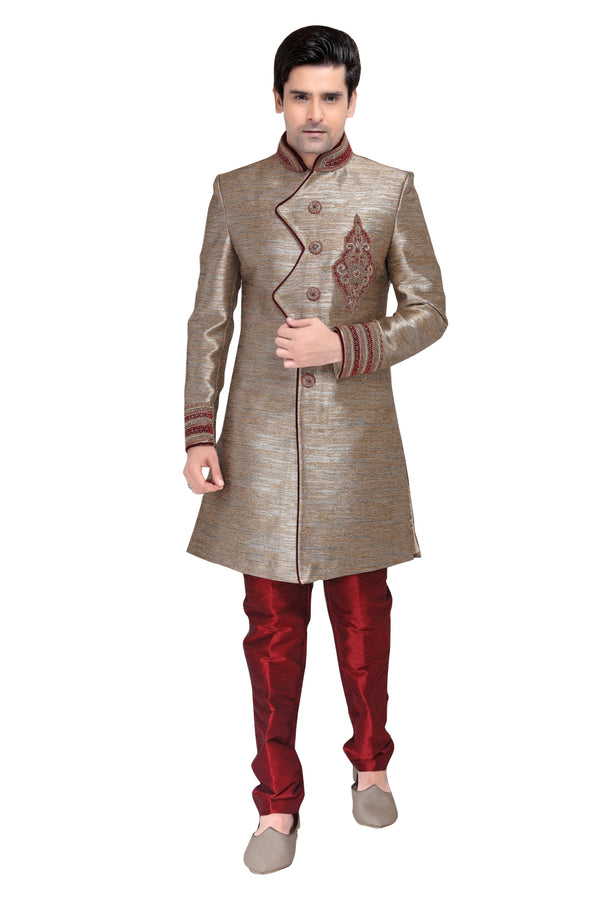 Brown Jacquard & Linen Silk Indian Wedding Indo-Western Sherwani For Men