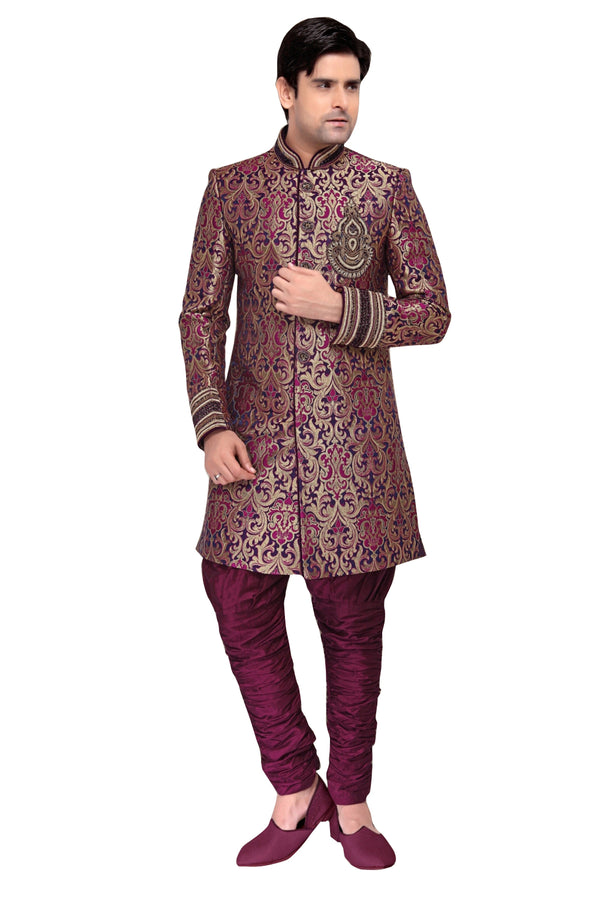 Blue Brocade Silk Indian Wedding Indo-Western Sherwani For Men