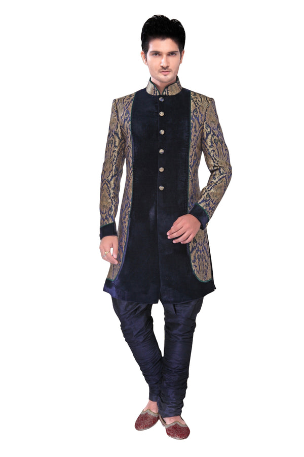 Blue Brocade Silk Indian Wedding Indo-Western Sherwani For Men