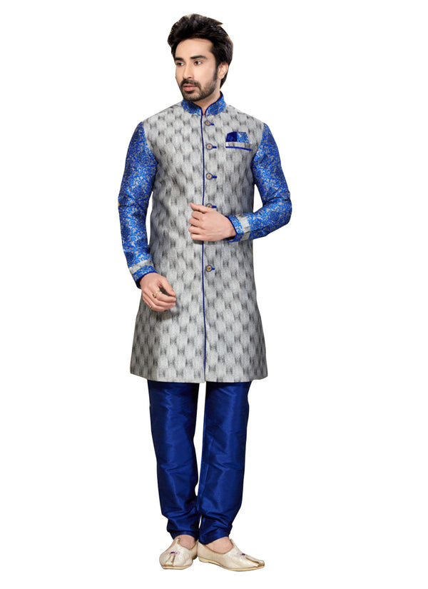 Gray Ghicha Silk Indian Wedding Indo-Western Sherwani For Men