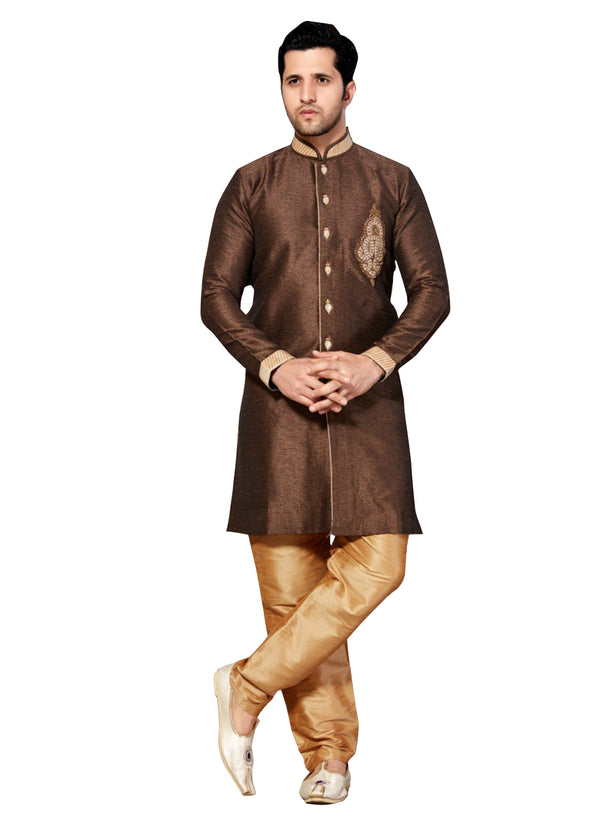 Brown Ghicha Silk Indian Wedding Indo-Western Sherwani For Men