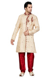 Beige Jacquard Silk Indian Wedding Indo-Western Sherwani For Men