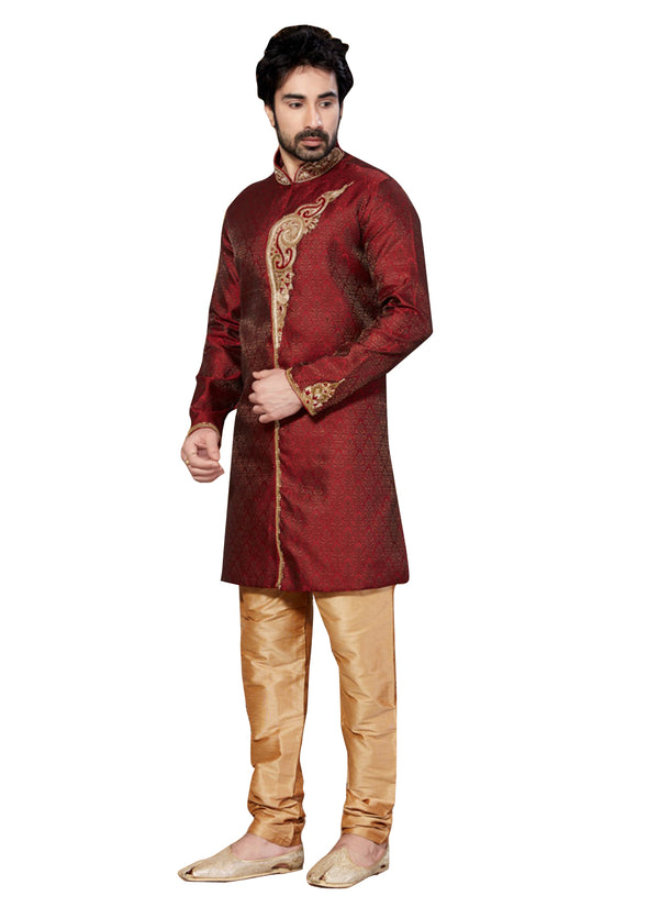 Maroon Jacquard Silk Indian Wedding Indo-Western Sherwani For Men