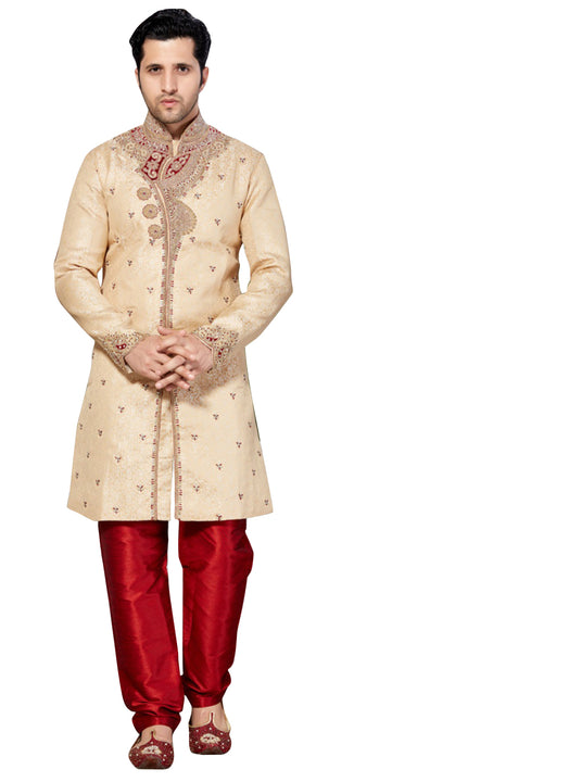 Cream Jacquard Silk Indian Wedding Indo-Western Sherwani For Men