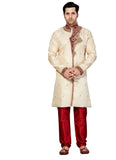 Cream Jacquard Silk Indian Wedding Indo-Western Sherwani For Men