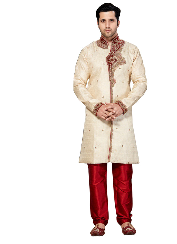 Cream Jacquard Silk Indian Wedding Indo-Western Sherwani For Men