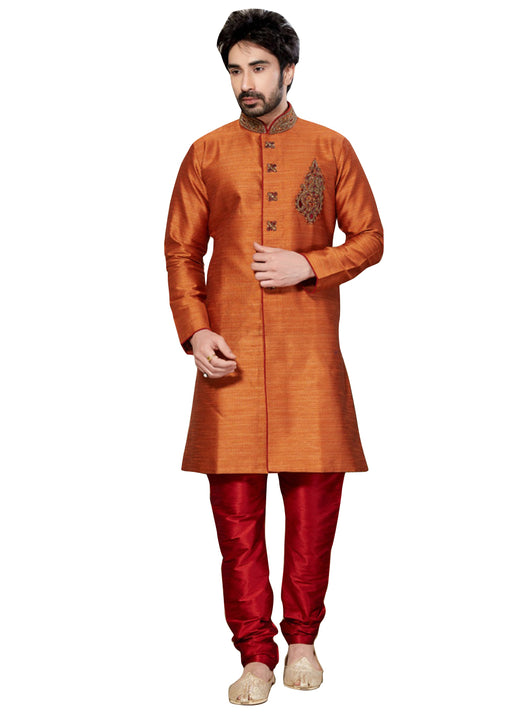 Orange Ghicha Silk Indian Wedding Indo-Western Sherwani For Men