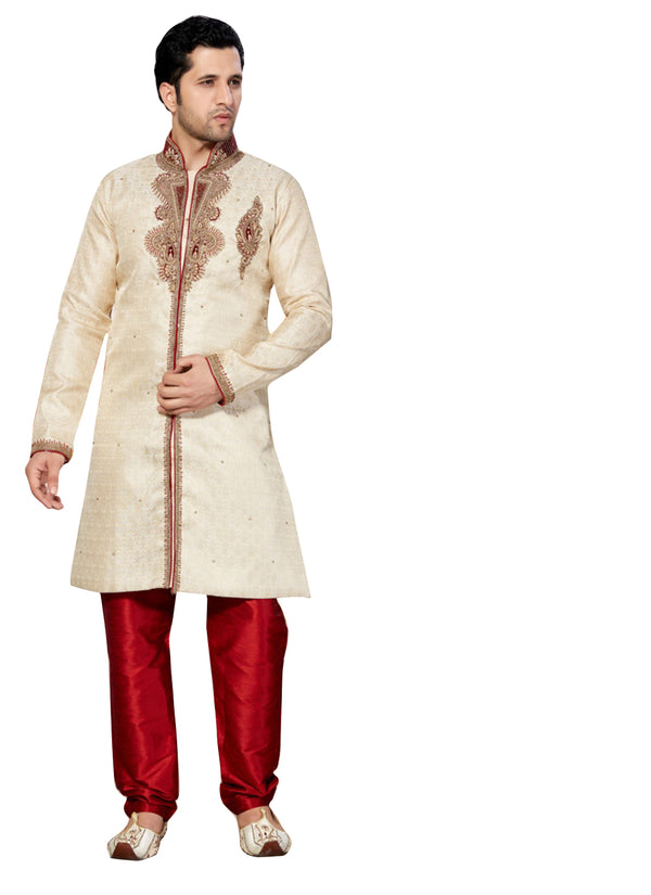 Cream Jacquard Silk Indian Wedding Indo-Western Sherwani For Men