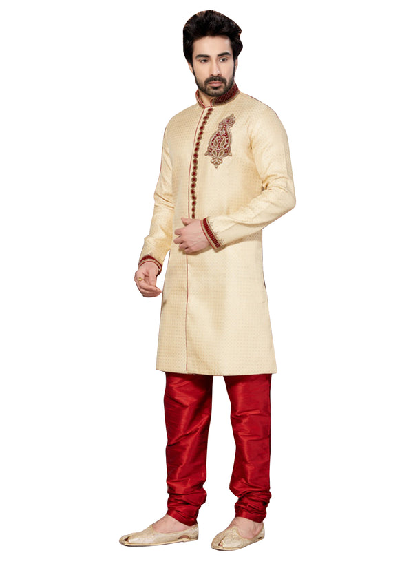 Cream Jacquard Silk Indian Wedding Indo-Western Sherwani For Men