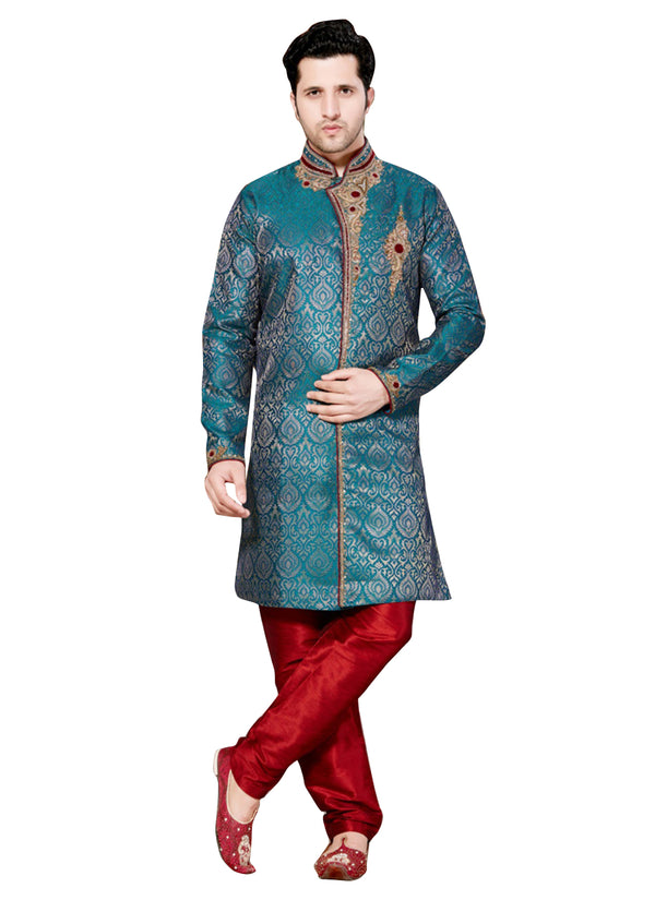 Green Jacquard Silk Indian Wedding Indo-Western Sherwani For Men