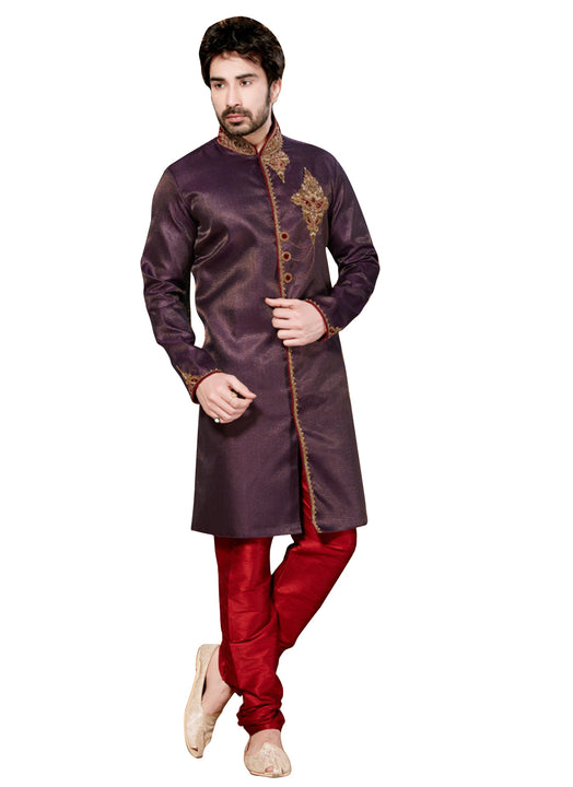 Wine Jacquard Silk Indian Wedding Indo-Western Sherwani For Men