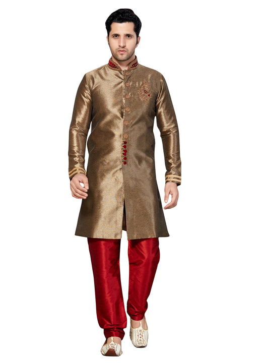 Brown Ghicha Silk Indian Wedding Indo-Western Sherwani For Men